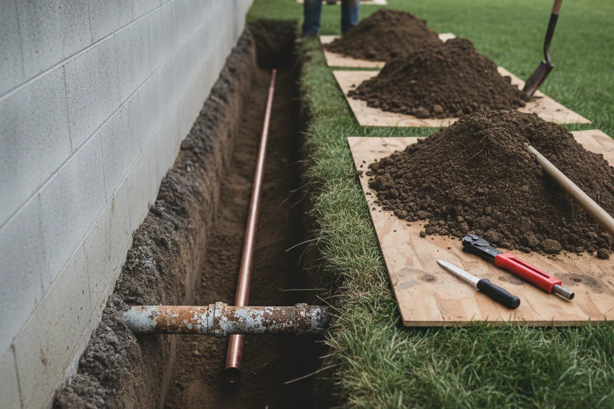 Excavated water line trench during Water Heater Repair in Titusville